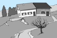 L'illustration montre une ferme dont la partie résidentielle a basculé vers le bas en raison de mouvements de terrain irréguliers.