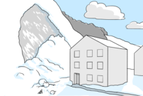 Un glissement de neige, ou plutôt une petite plaque de neige, se détache sur la pente raide. Il manque de peu le bâtiment en dessous.