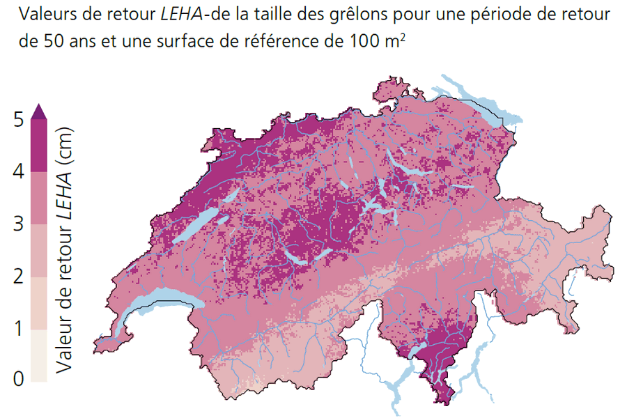 Valeurs de retour LEHA-de la taille des grêlons pour une période de retour de 50 ans et une surface de référence de 100 m2