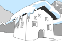 De grandes quantités de neige sur le toit et des glaçons au bord des gouttières