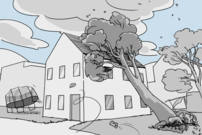 Lors d'une forte tempête, un arbre tombe sur le toit d'une maison et un trampoline s'envole