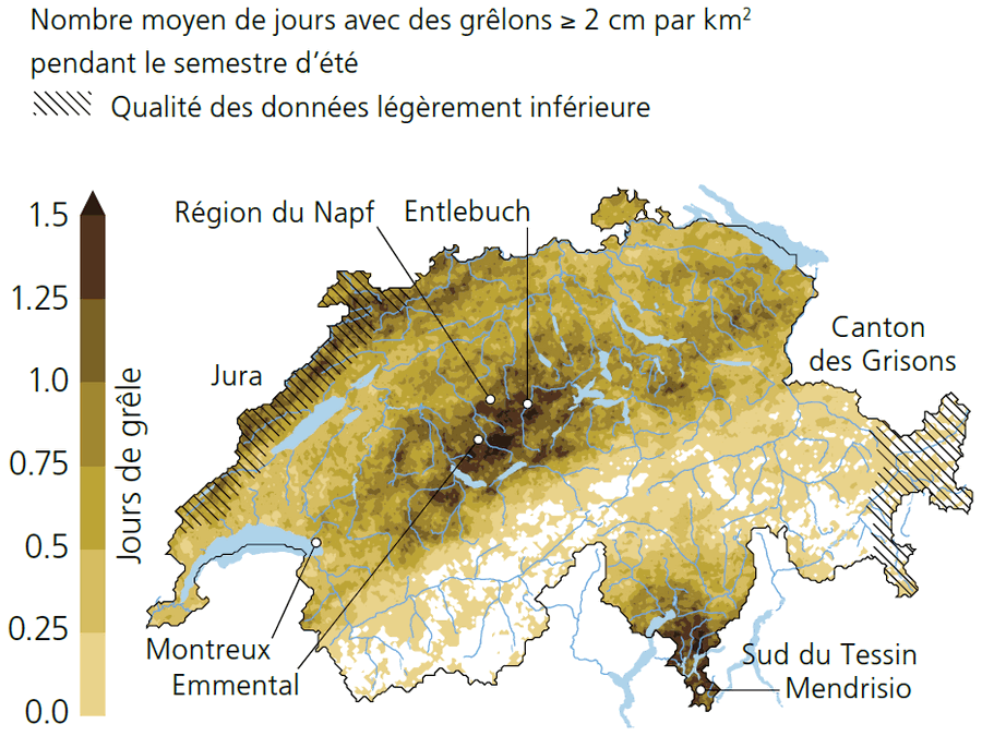 Nombre moyen de jours avec des grêlons de 2 cm ou plus par km2