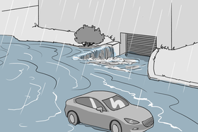 Situation d'inondation, l'eau s'écoulant de la rue vers le bâtiment