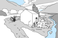 Une maison près d'un torrent est touchée par une lave torrentielle. Le bâtiment subit des dommages importants et les environs sont submergés de débris.