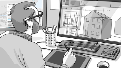 Un architecte planifie une nouvelle construction en C.A.O. et utilise la plateforme d'information protection-dangers-naturels.ch comme aide à la planification.