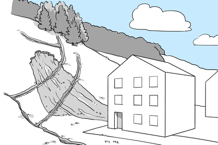 Stabilisation d'une pente raide par des rigoles et des tranchées de drainage et reboisement pour protéger une maison située en dessous
