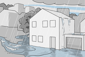 Une grande quantité d'eau de pluie peut s'accumuler uniquement sur la propriété, et le ruissellement de surface peut s'écouler des propriétés voisines. La protection contre les inondations est donc importante dans de nombreux endroits. Le ruissellement de surface s'écoule de la pente vers la maison et l'eau de pluie s'égoutte sur les avant-toits