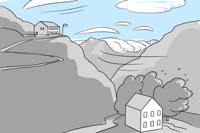 Des vents particulièrement forts sont possibles sur une crête ou une pente raide. Bâtiments exposés au vent dans les montagnes lors d'un fœhn