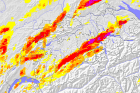 Carte de la grêle en Suisse pour le 21 juin 2021 (Source : Meteoradar GmbH, Daten: MeteoSchweiz) Carte de la grêle en Suisse pour le 21 juin 2021 (Source : Meteoradar GmbH, Daten: MeteoSchweiz)