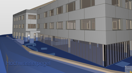 Une zone inondable modélisée sous la forme d’un volume permet de déceler les faiblesses potentielles du bâtiment dans le modèle BIM, avec une exploitation automatique à l’aide d’algorithmes de contrôle